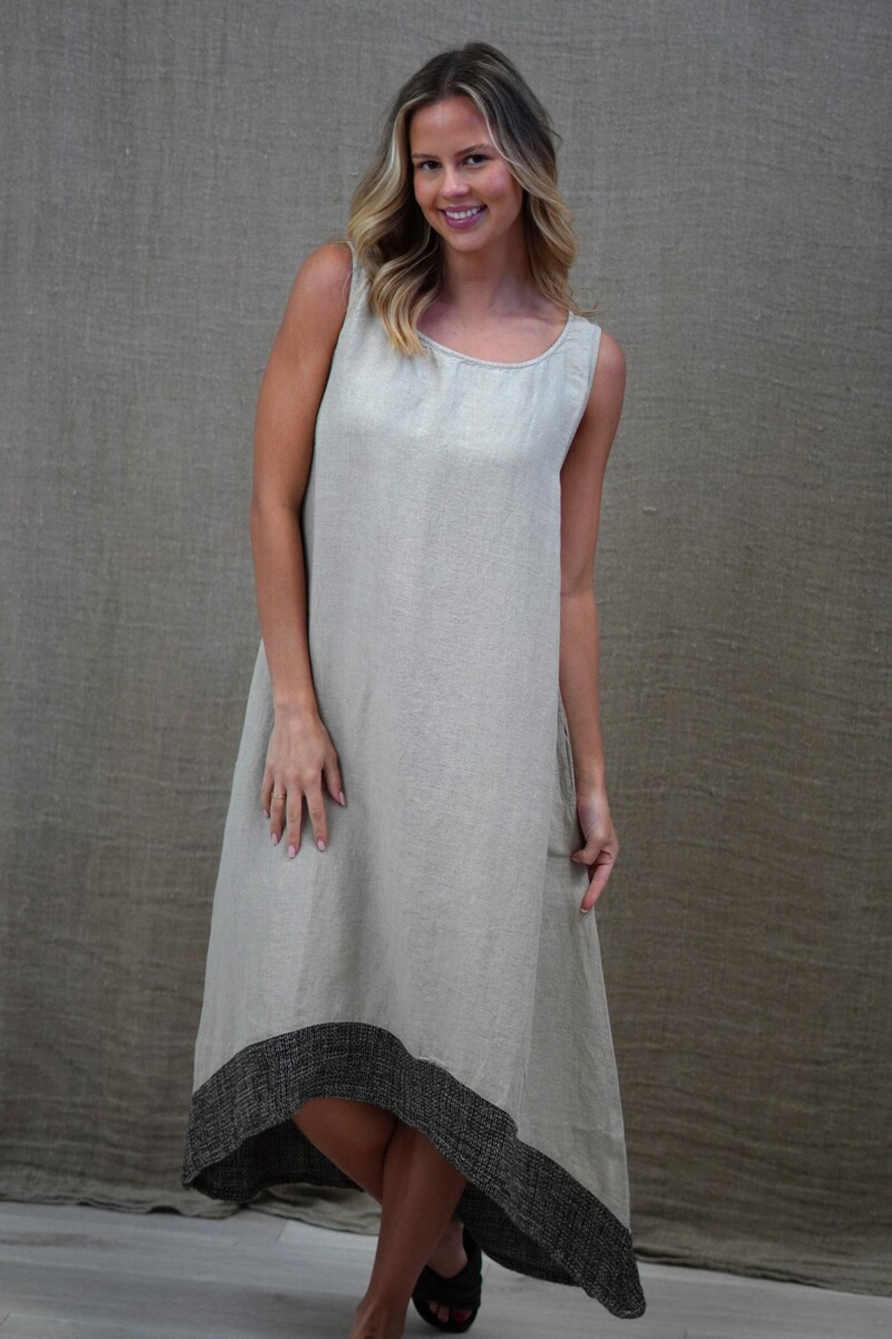 Giovanna Mesh Hem Dress Natural with Black Hem