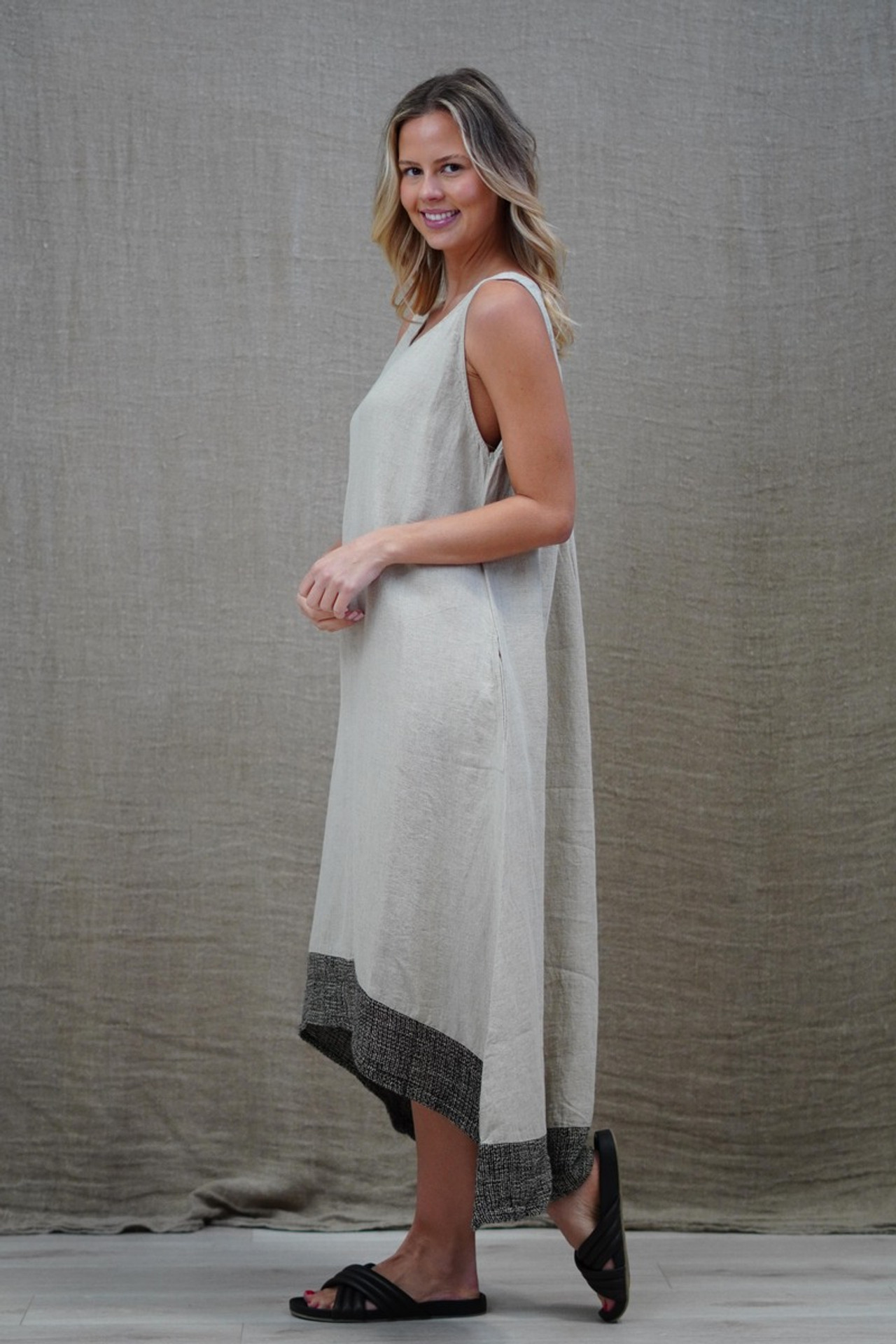 Giovanna Mesh Hem Dress Natural with Black Hem