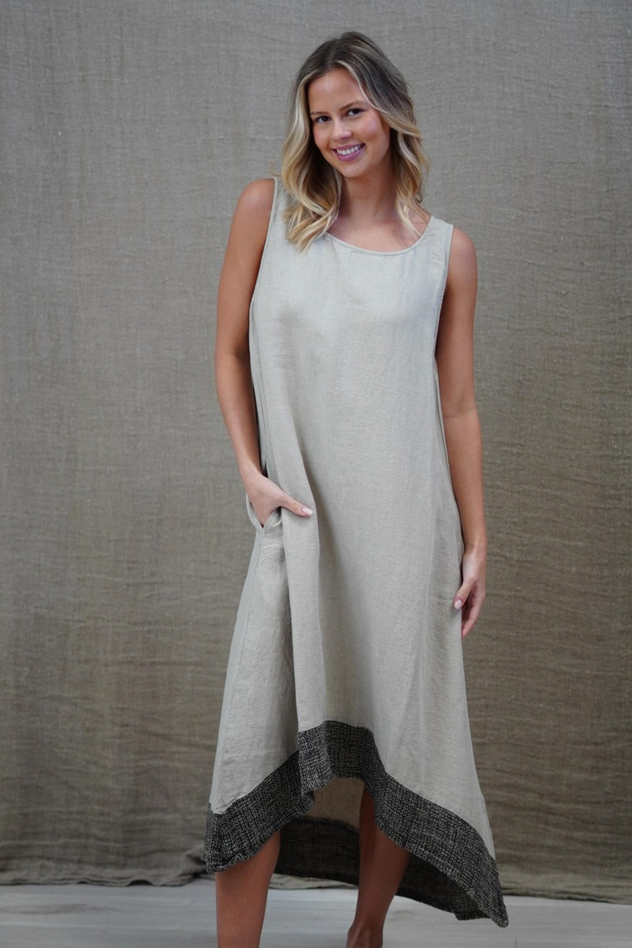 Giovanna Mesh Hem Dress Natural with Black Hem